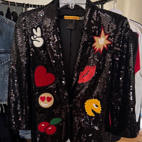 Alice + Olivia Jackets & Blazers - Alice + Olivia Black Sequin Blazer with Colorful Patch Motifs